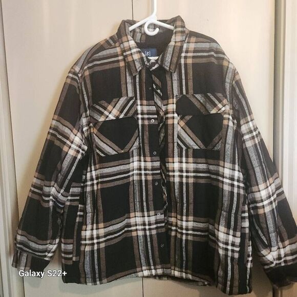 O16 George mens black/brown/tan plaid flannel black sherpa-lined jacket w snaps - Picture 1 of 10